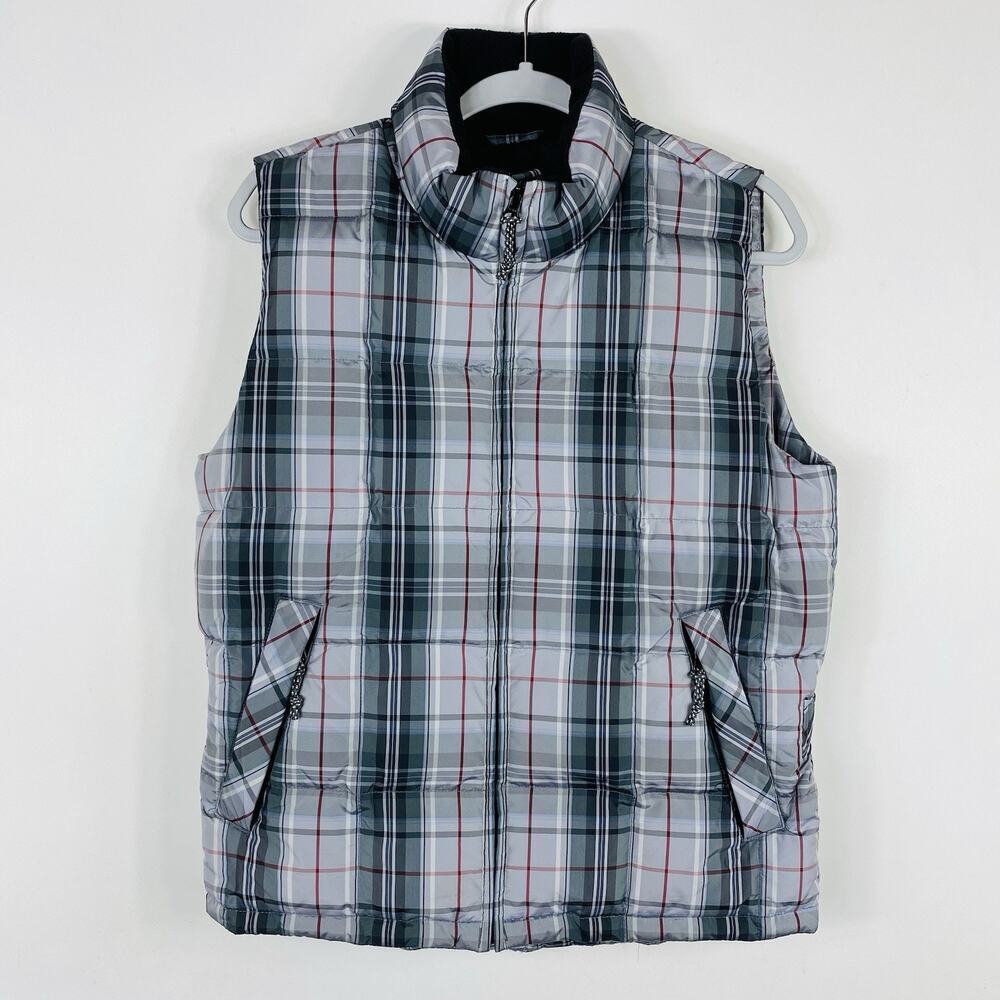 Eddie Bauer Vest Women's Small Gray Plaid Puffer Goose Down Zip Up Pockets